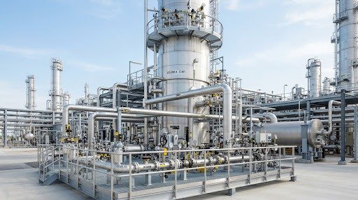 Fractional distillation columns and piping manifolds in an oil refinery complex